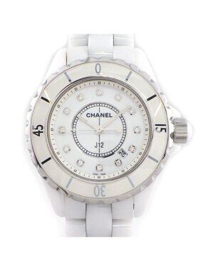 Chanel Watch 12 Point Diamond Index Date Rotating Bezel White Dial Ceramic SS